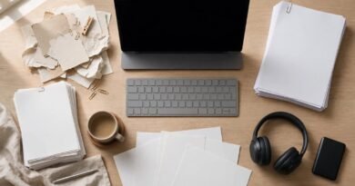 Freelance writer managing research drafting and revisions in a modern editorial workspace