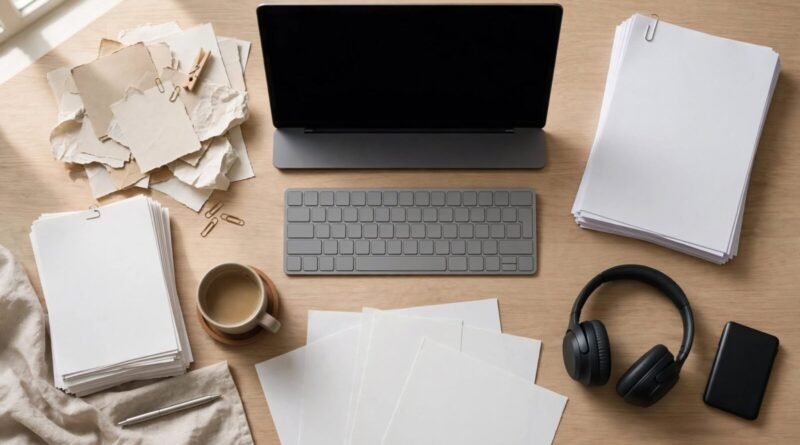 Freelance writer managing research drafting and revisions in a modern editorial workspace