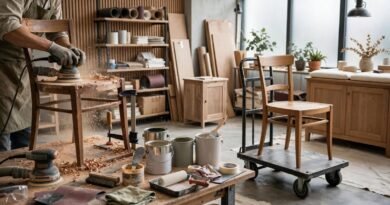 Furniture flipping side hustle with a used piece being repaired and prepared for resale