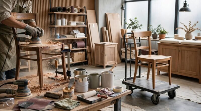 Furniture flipping side hustle with a used piece being repaired and prepared for resale