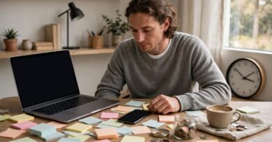 Person completing online surveys and microtasks from a modern home office