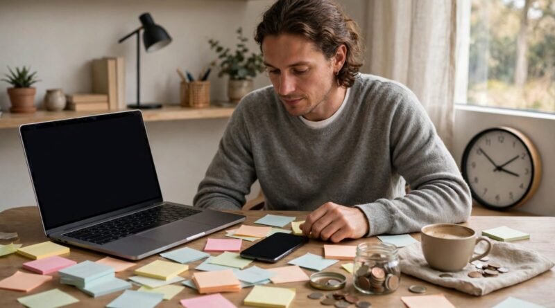 Person completing online surveys and microtasks from a modern home office