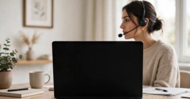 Online tutor working from a modern home office with laptop and teaching materials