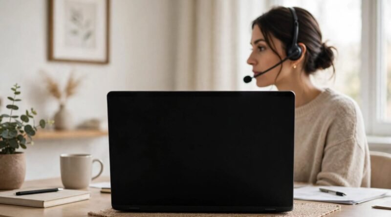 Online tutor working from a modern home office with laptop and teaching materials