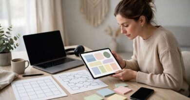 Freelance social media manager planning client content across multiple devices