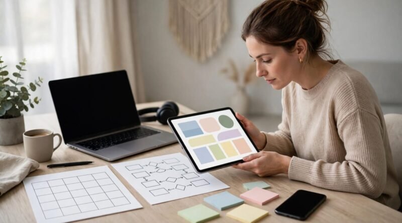 Freelance social media manager planning client content across multiple devices