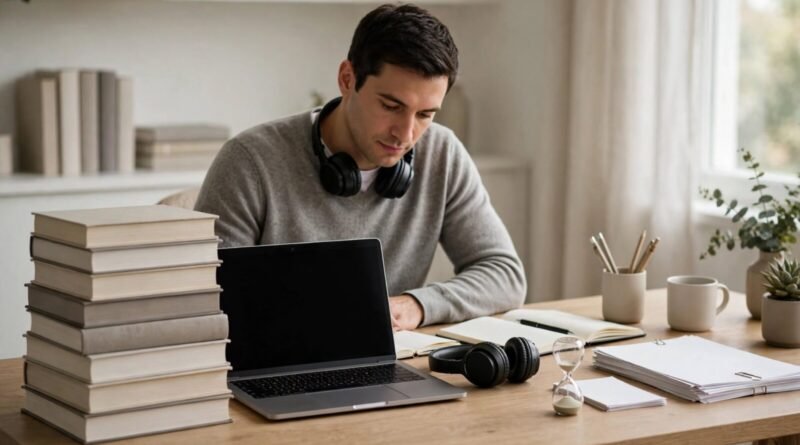Freelance translator working with reference materials and a laptop in a modern workspace