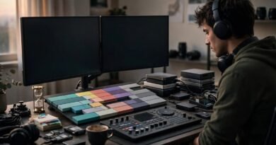 Freelance video editor working at a professional workstation with editing tools and storage drives
