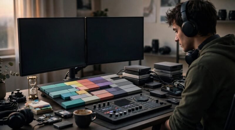 Freelance video editor working at a professional workstation with editing tools and storage drives