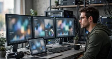 Freelance website maintenance work with multiple client sites monitored from a modern workstation