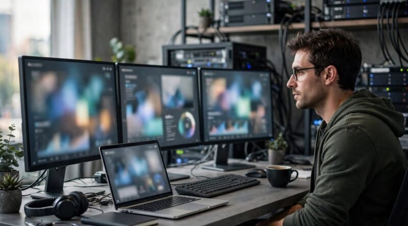 Freelance website maintenance work with multiple client sites monitored from a modern workstation
