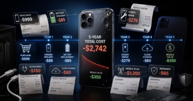 Smartphone surrounded by five years of ownership costs including repairs, accessories, cloud storage and depreciation.