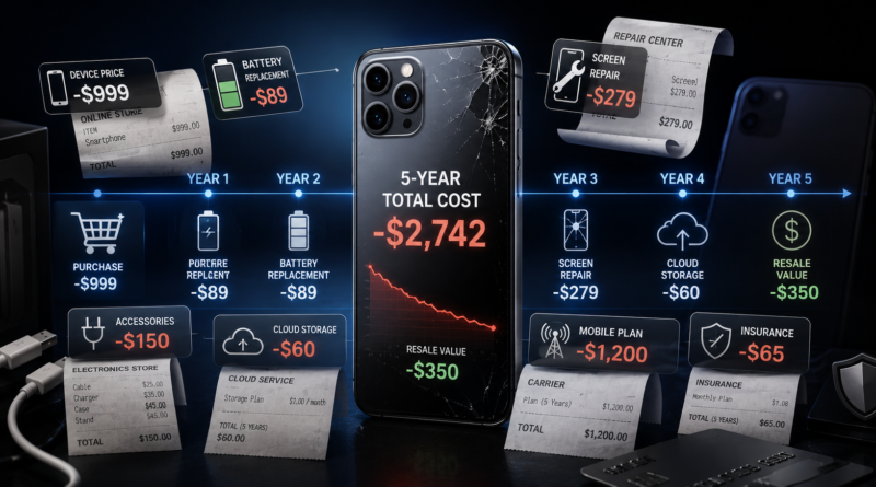 Smartphone surrounded by five years of ownership costs including repairs, accessories, cloud storage and depreciation.
