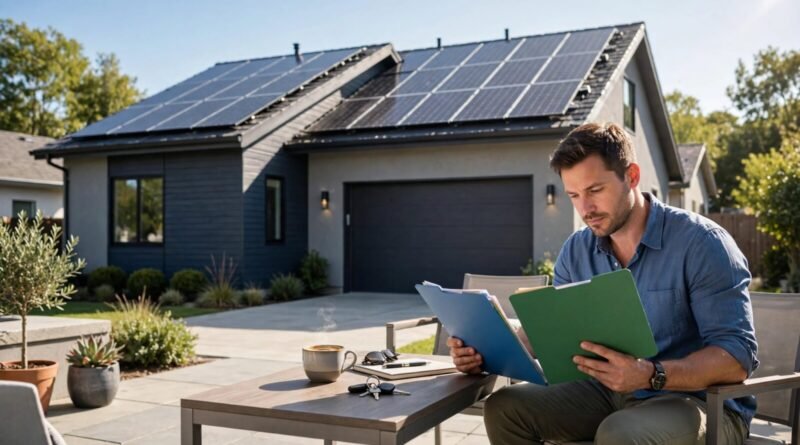 Homeowner comparing buying and leasing options for a rooftop solar panel system
