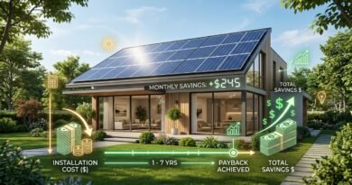 Home with rooftop solar panels and financial calculation elements showing installation cost, electricity savings and payback period.