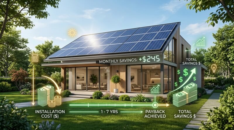 Home with rooftop solar panels and financial calculation elements showing installation cost, electricity savings and payback period.