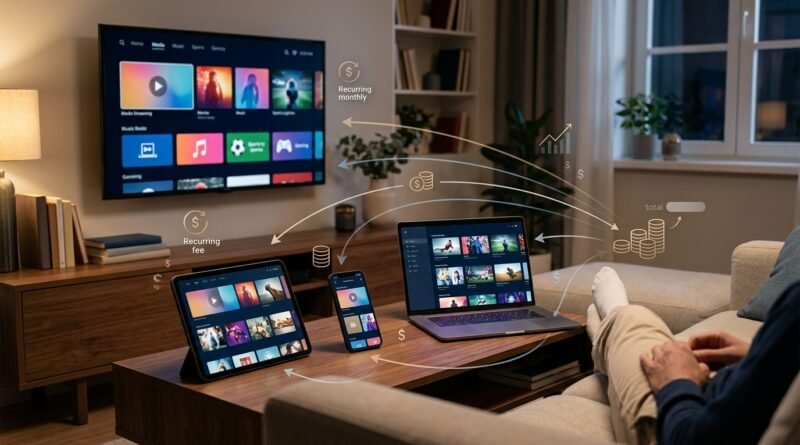 Television, phone, tablet and laptop representing multiple streaming subscriptions and their combined annual cost.