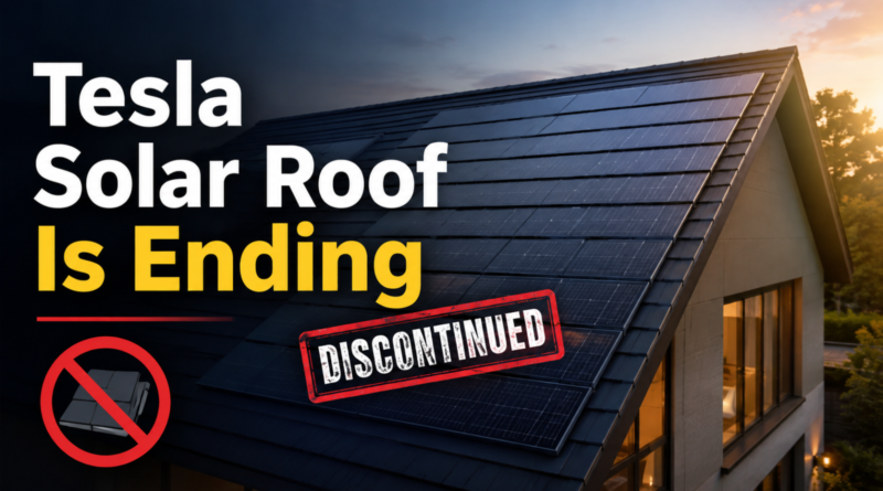 Tesla Solar Roof tiles on a modern home marked as discontinued