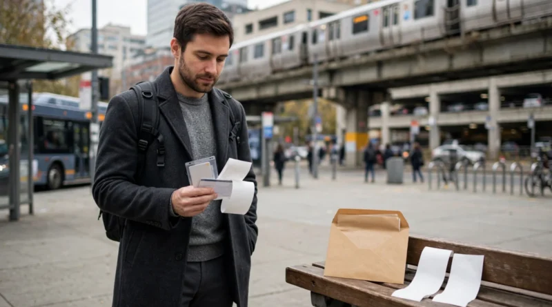 Employee commuter costs shown with transit pass, parking receipt, fuel receipt, and transportation allowance