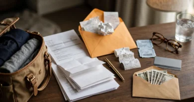 Business travel expenses arranged with receipts, itinerary, hotel key card, and per diem cash envelope