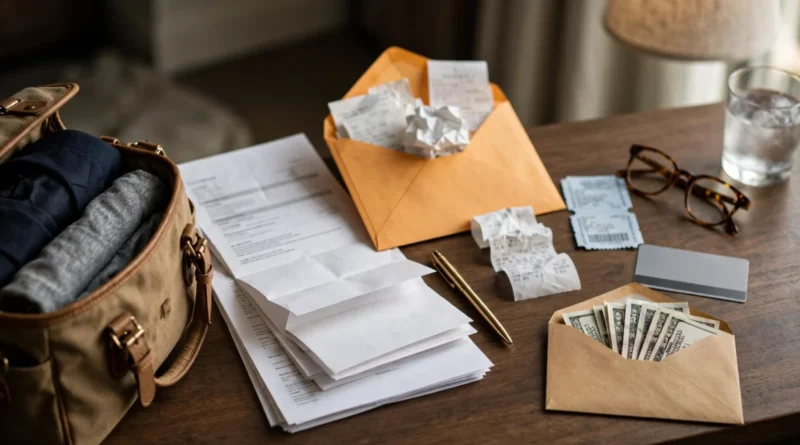 Business travel expenses arranged with receipts, itinerary, hotel key card, and per diem cash envelope