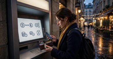 Traveler using an ATM in a foreign city during a trip