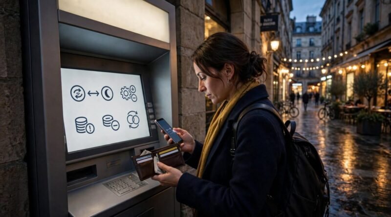 Traveler using an ATM in a foreign city during a trip