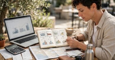 Traveler planning a realistic trip budget with a laptop, calculator, map and travel receipts