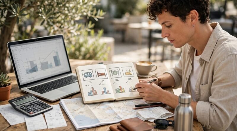 Traveler planning a realistic trip budget with a laptop, calculator, map and travel receipts