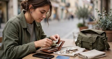 Traveler organizing local currency before exploring a foreign city