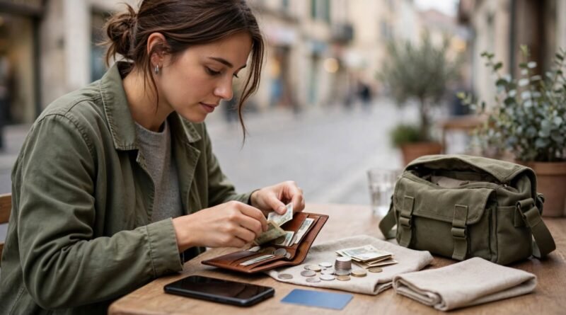 Traveler organizing local currency before exploring a foreign city