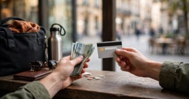 Traveler choosing between local cash and a credit card while paying abroad