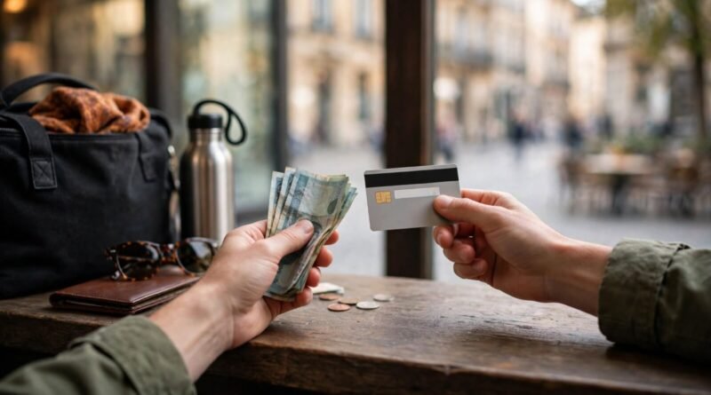 Traveler choosing between local cash and a credit card while paying abroad