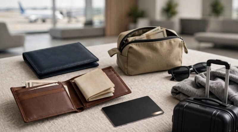 Traveler preparing emergency backup money, cash and cards before an international trip