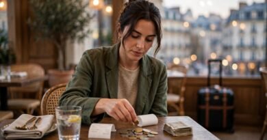 Traveler reviewing a restaurant bill and leaving a tip while abroad