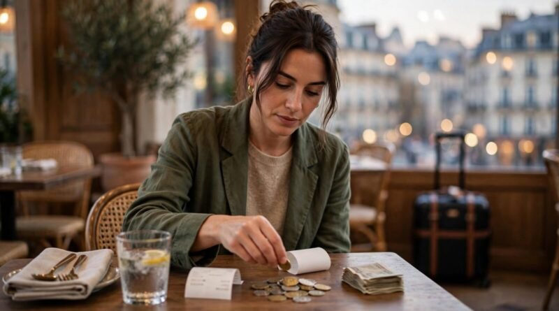 Traveler reviewing a restaurant bill and leaving a tip while abroad