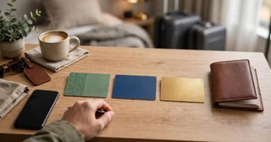 Traveler comparing payment cards for an international trip