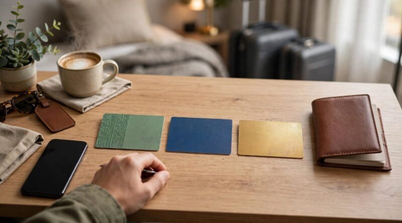 Traveler comparing payment cards for an international trip