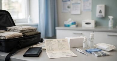 Traveler preparing vaccination records and health documents for international travel