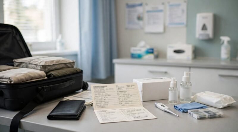 Traveler preparing vaccination records and health documents for international travel