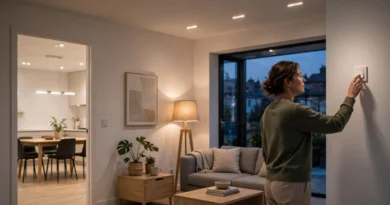Person switching off LED lights in an empty room to reduce electricity use