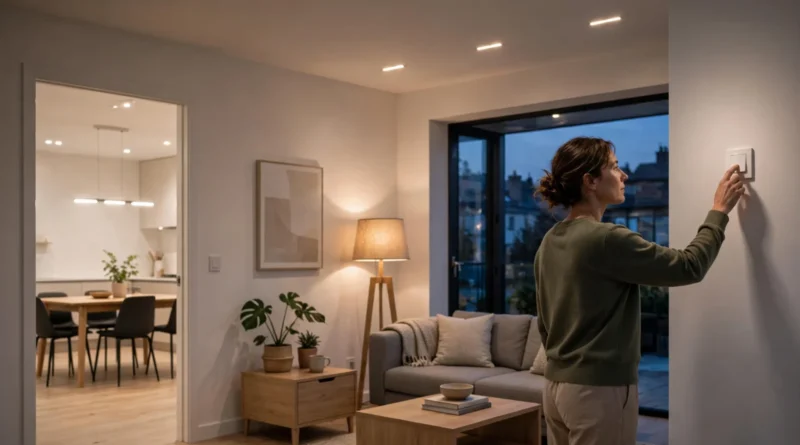 Person switching off LED lights in an empty room to reduce electricity use