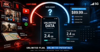 Smartphone with an unlimited mobile data plan beside streaming, hotspot and monthly bill graphics.