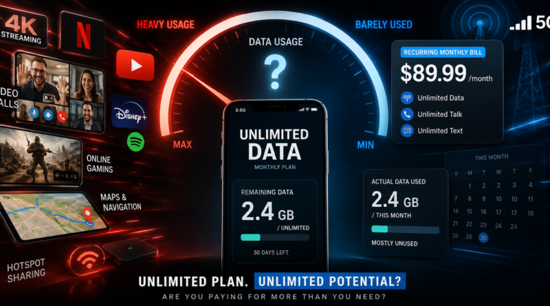 Smartphone with an unlimited mobile data plan beside streaming, hotspot and monthly bill graphics.