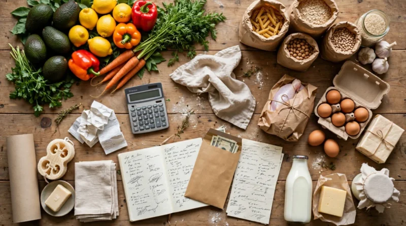 Weekly groceries, receipts, calculator, and budget notes arranged for household grocery planning