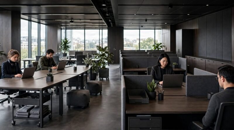 Modern office comparing desk hoteling with assigned desks for hybrid work