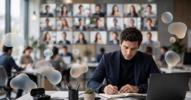 Modern office scene comparing email communication with team meetings