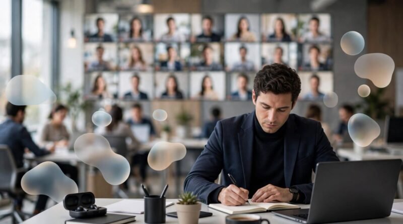 Modern office scene comparing email communication with team meetings