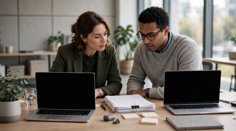 Two professionals sharing one role in a modern job sharing arrangement