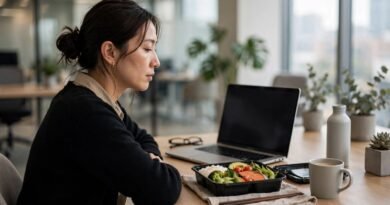 Employee working through lunch at a modern office desk